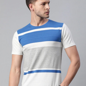 Men Blue & Grey Melange Colour blocked T-shirt