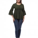 Casual Cutout Solid Women Green Top