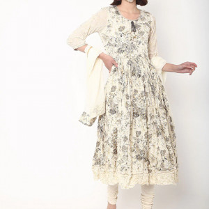 Floral Print Anarkali Kurta & Churidar with Dupatta