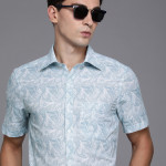 Men Blue And White Classic Tropical Printed Cotton Linen Casual Shirt