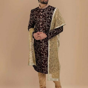 Maroon Embroidered Groom Sherwani